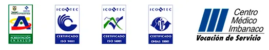 Logos de certificaciones ICONTEC, ISO 9001, ISO 14001, OHSAS 18001 y Centro Médico Imbanaco